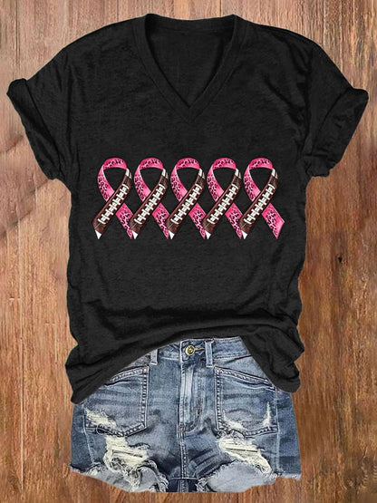Women's Casual Breast Cancer Ribbon Print Short Sleeve T-Shirt