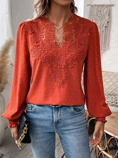 Women's Breast Cancer Pink V-Neck Lace Solid Color Long Sleeve Casual Top