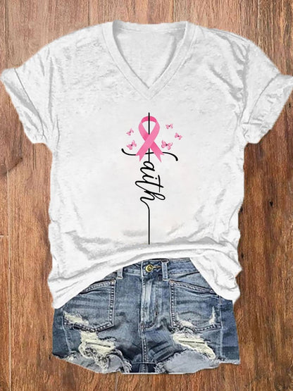 Women's Faith Hope Fight Love Butterfly Breast Cancer Awareness T-Shirt