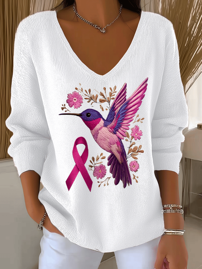 Women's Breast Cancer Hummingbird Print Long Sleeve Top