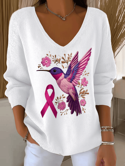 Women's Breast Cancer Hummingbird Print Long Sleeve Top