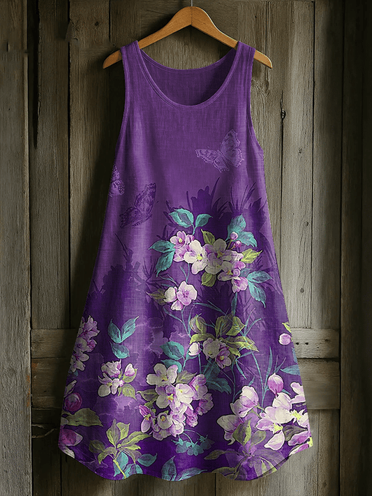 Women's Alzheimer's Floral Butterfly Print Linen Blend Tank Dress
