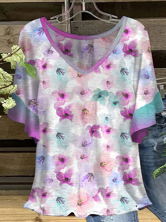 Women's Butterfly Floral Dementia Alzheimer's Disease Awareness Print V-Neck Ruffle Sleeve T-Shirt