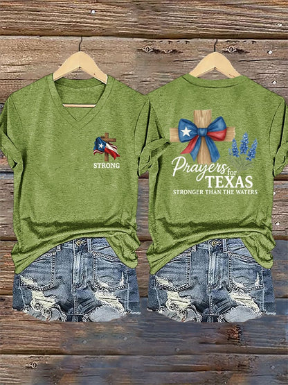 🙏💔Join us in praying for Texas.🙏V-Neck Retro Texas Strong Prayers For Texas Stronger Than The Waters Faith Cross Print T-Shirt