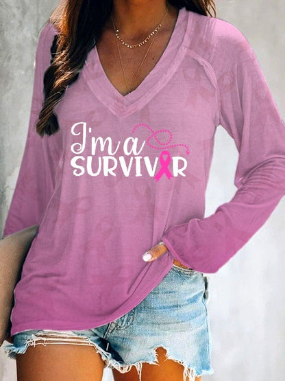 Women's Breast Cancer Ribbon Survivor V-Neck Long Sleeve T-shirt