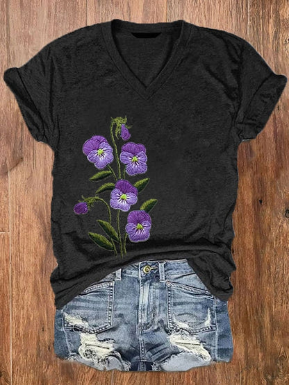 Women's Purple Flower Alzheimer's Awareness Support Printed V-Neck Tee