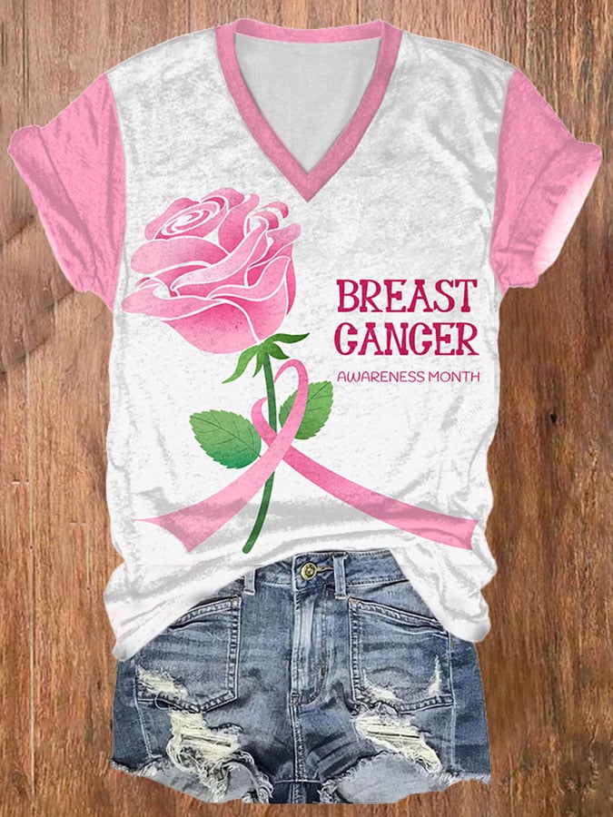 Women's Casual Rose Ribbon Print Short Sleeve T-Shirt