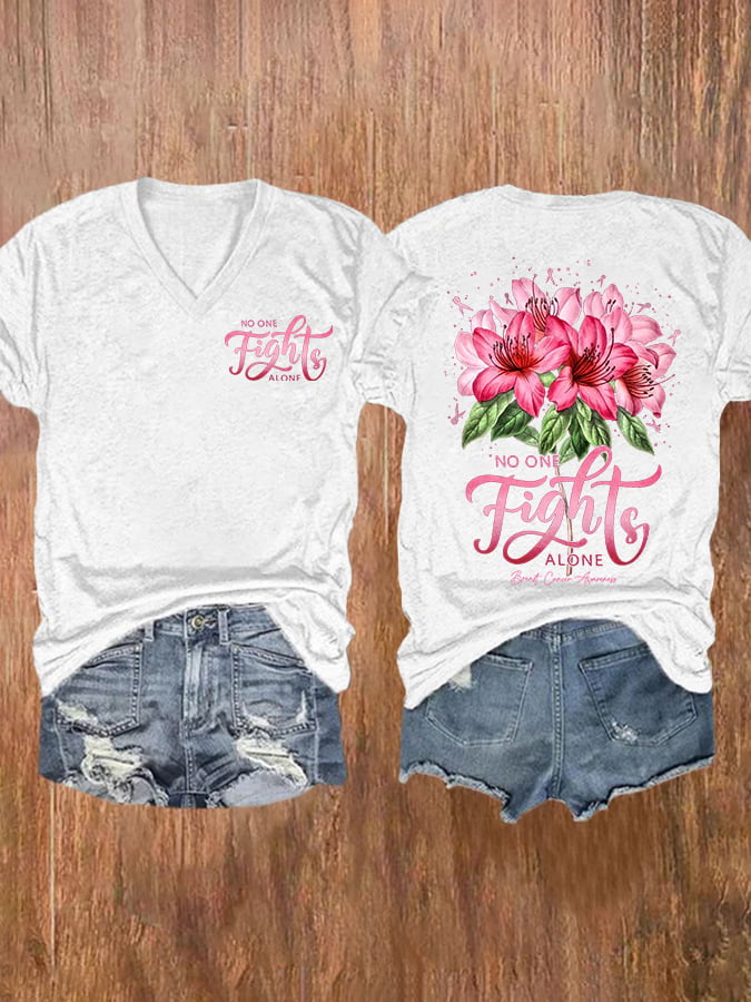 No One Fights Alone Breast Cancer Awareness Lily Flowers Anf Pink Ribbon Breast Cancer Print Short Sleeve Casual T-Shirt