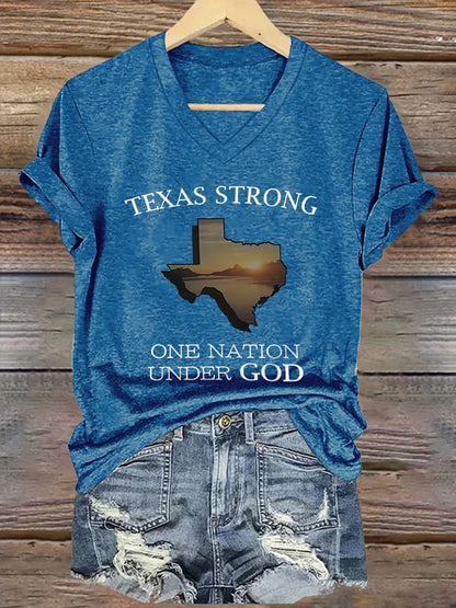 🙏💔Join us in praying for Texas.🙏V-Neck Retro Texas Strong One Nation Under God Print T-Shirt