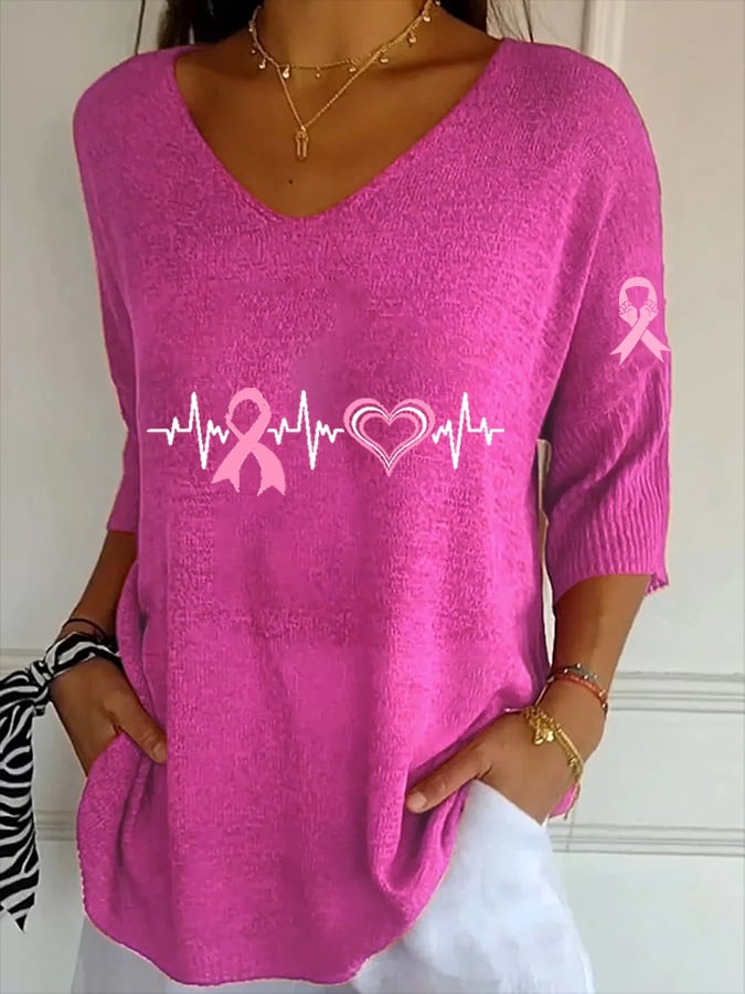Women's Breast Cancer Embroidery Floral Print Striped Fabric Casual V-Neck Mid Sleeve T-Shirt