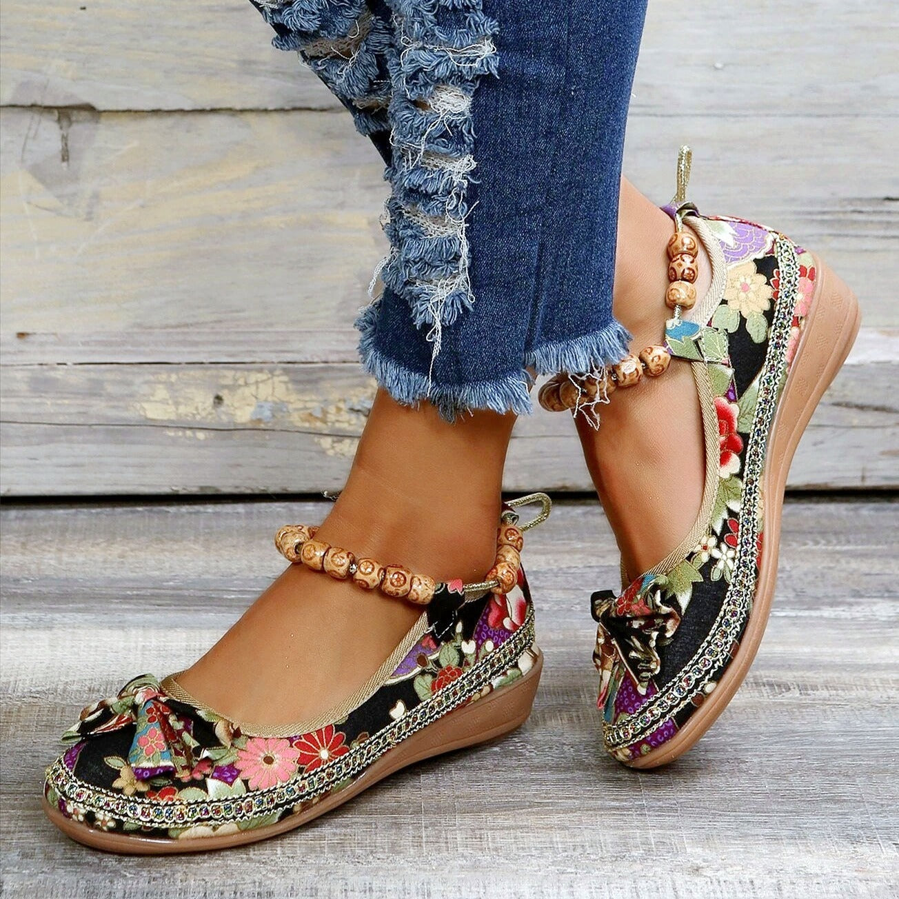 👍Last Day Promotion 70% OFF –2023 🌹Women's Floral Print Flat Shoes, Ethnic Style Ankle Strap Slip On Shoes, Casual Walking Shoes
