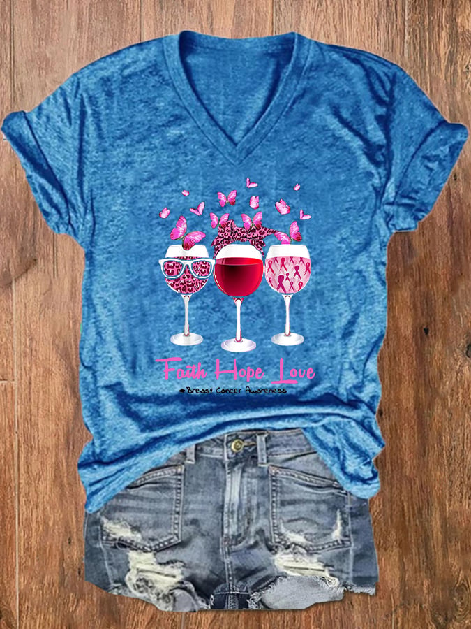 Women's Faith Hope Love Wine Glass Butterfly Breast Cancer Awareness T-Shirt