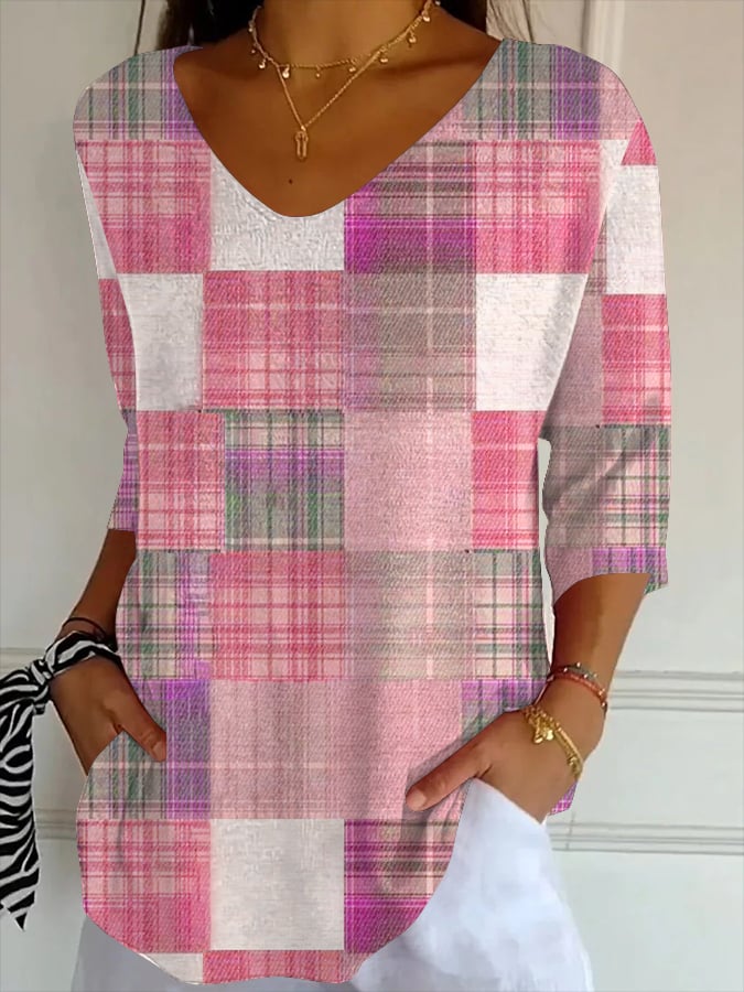 Women's Pink Check Striped T-Shirt