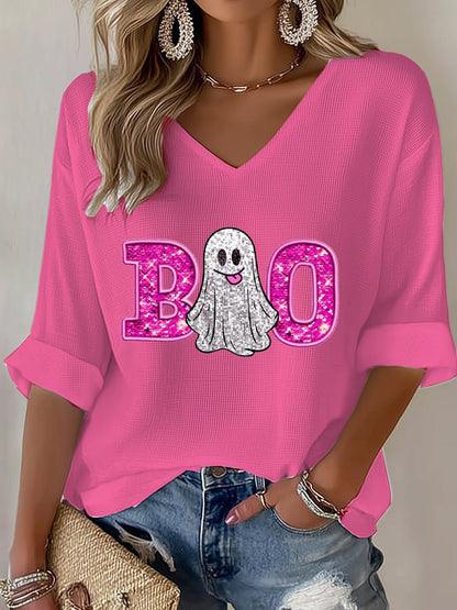 Women's Pink Faux Glitter Boo Print Waffle T-Shirt