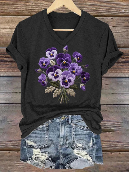 Women's Pansy Print Short Sleeve T-shirt