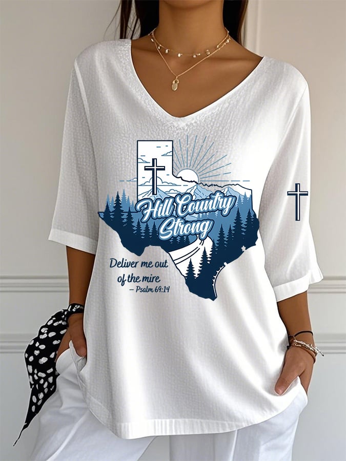 🙏💔Join us in praying for Texas.🙏V-Neck Hill Country Strong Deliver Me Out Of The Mire Print T-Shirt