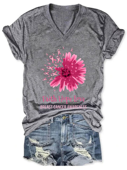 Women's Flower Faith Hope Love Breast Cancer Awareness Print Casual T-Shirt