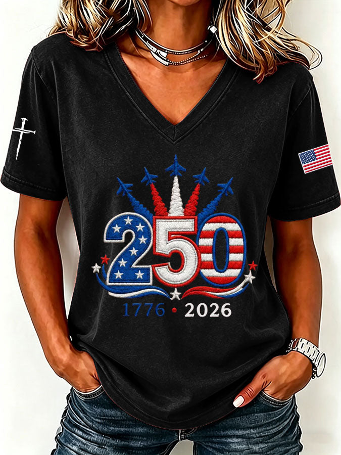 Women'S America Flag Floral Print Casual V-Neck T-Shirt