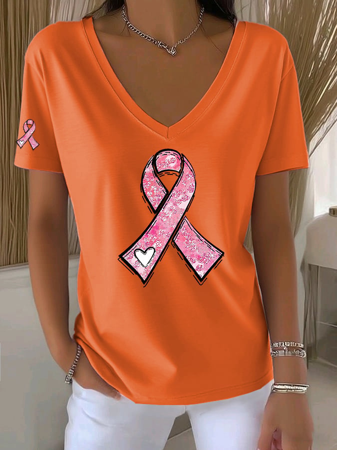Women's Casual All-Match Solid Color Pink Ribbon V-Neck T-Shirt