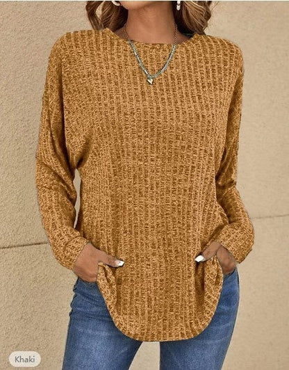 Women's sweater ribbed knit elegant round neck solid long sleeves