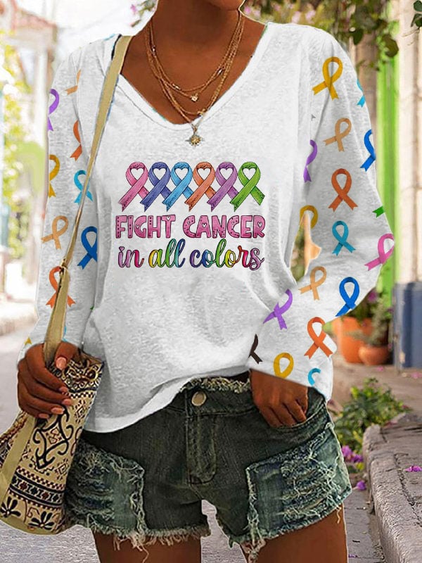 Women's Fight Cancer In All Colors V-neck Long Sleeve T-shirt