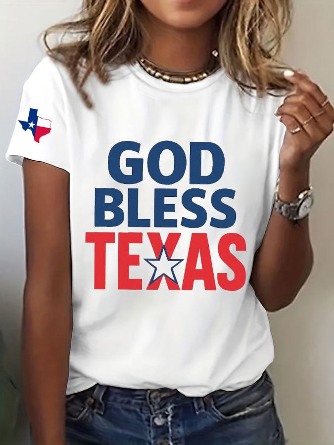 Women's Texas Flood God Bless Texas Print Casual T-Shirt