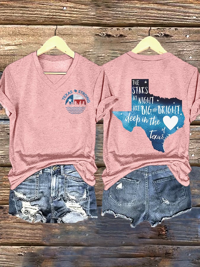 🙏💔Join us in praying for Texas.🙏V-Neck Retro Texas Strong The Stars At Night Are Big And Bright Deep In The Heart Of Texas Print T-Shirt