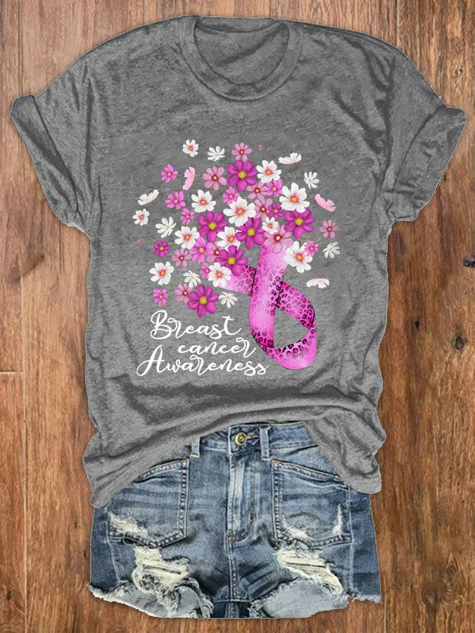 Women's Floral Breast Cancer Awareness Pink Ribbon Print Crewneck T-Shirt