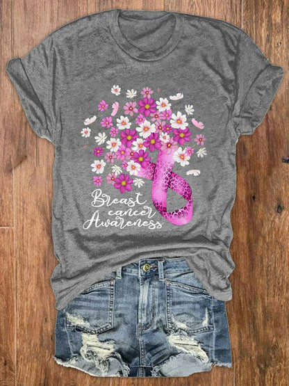 Women's Floral Breast Cancer Awareness Pink Ribbon Print Crewneck T-Shirt