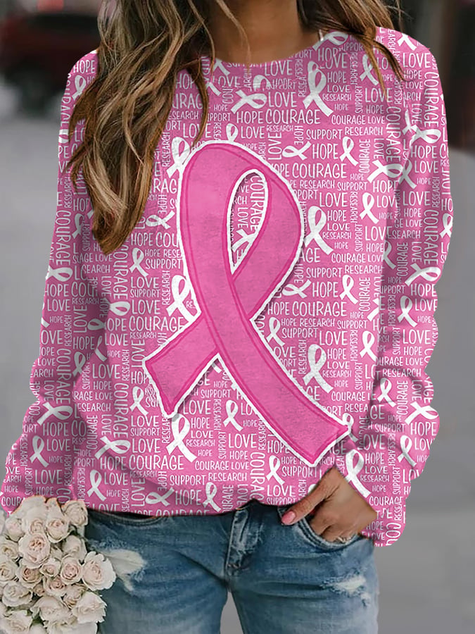 Women's Casual Breast Cancer Ribbon Print Long Sleeve Sweatshirt