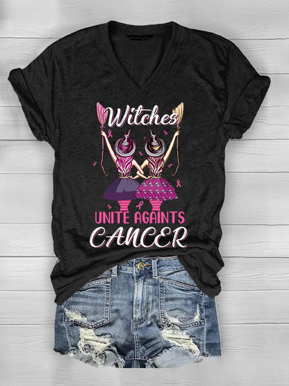 Women's Witches Unite Against Cancer Breast Cancer Awareness V-Neck Tee