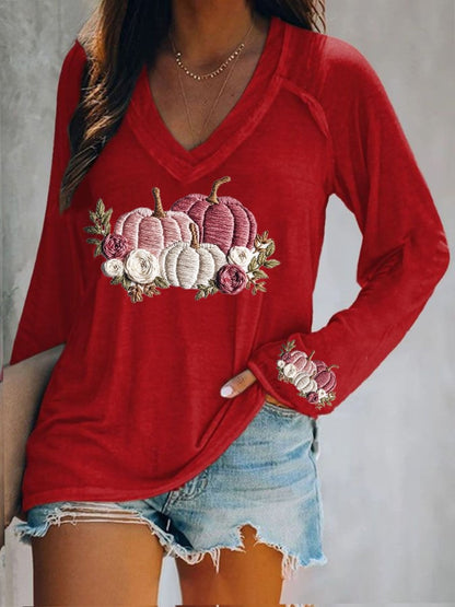 Women's casual pink pumpkin long-sleeved T-shirt