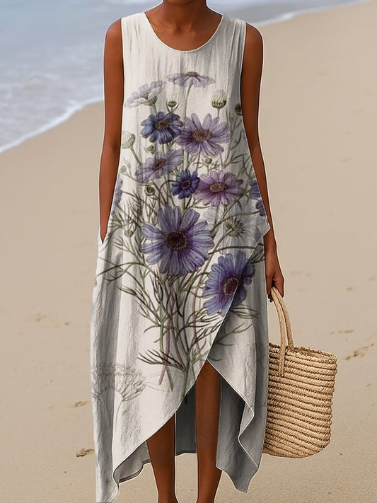 Women's Purple Vintage Floral Print Irregular Hem Sleeveless Dress