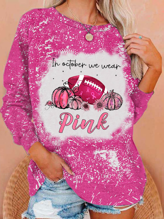 Women's In October We Wear Pink Football Pumpkin Breast Cancer Casual Sweatshirt