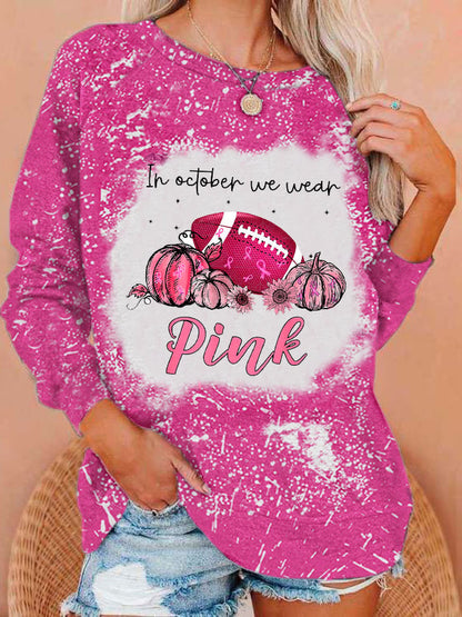 Women's In October We Wear Pink Football Pumpkin Breast Cancer Casual Sweatshirt