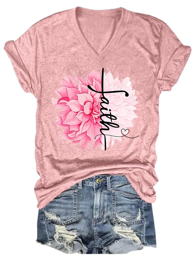 Women'S Floral Breast Cancer Awareness Crewneck T-Shirt