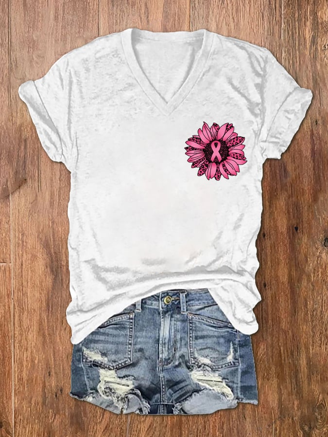 Women's Sunflower Pink Ribbon Flag Breast Cancer Awareness Print V-Neck T-Shirt