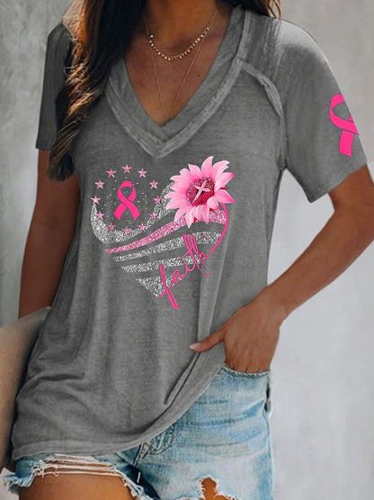 Women's Breast Cancer V-Neck Casual T-Shirt