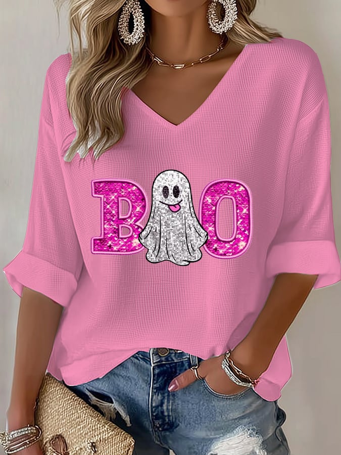 Women's Pink Faux Glitter Boo Print Waffle T-Shirt