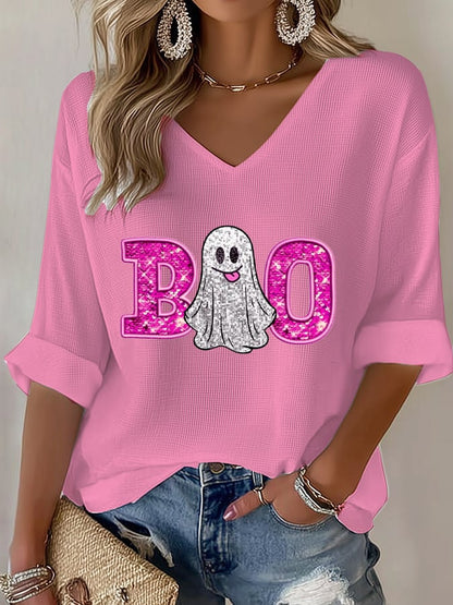 Women's Pink Faux Glitter Boo Print Waffle T-Shirt