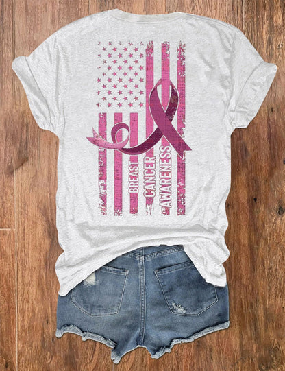 Women's Sunflower Pink Ribbon Flag Breast Cancer Awareness Print V-Neck T-Shirt