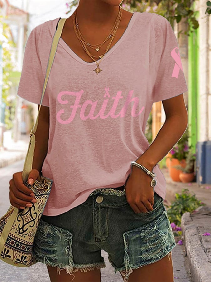 V-neck Breast Cancer Awareness Faith Print T-Shirt