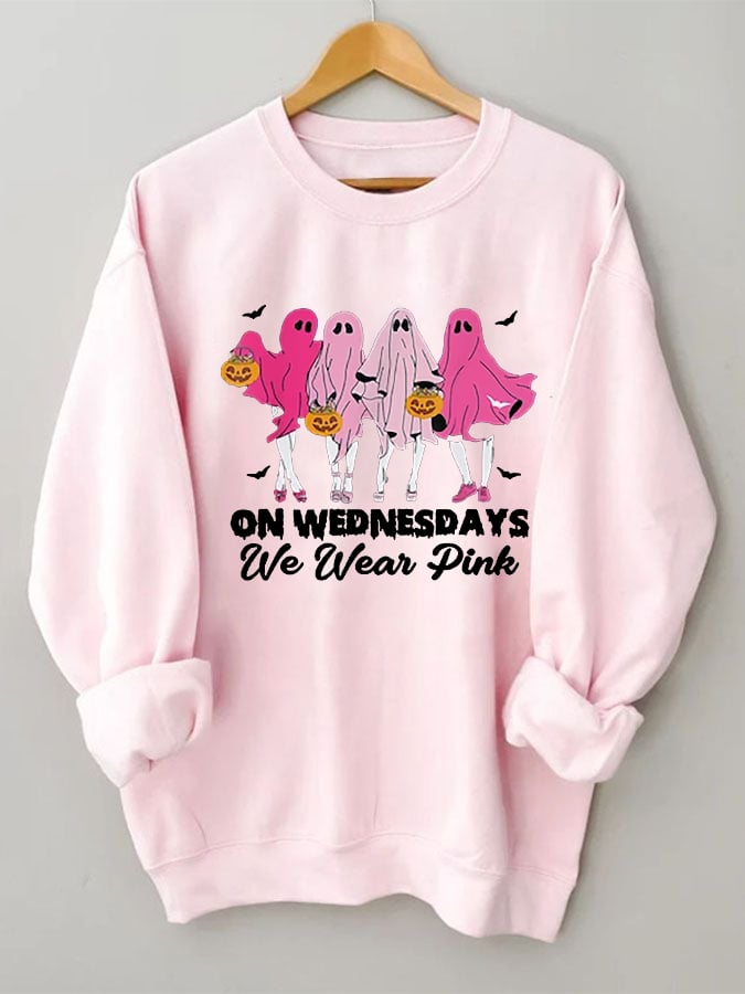 Women's Halloween Breast Cancer On Wednesday We Wear Pink Cute Ghost Print Sweatshirt