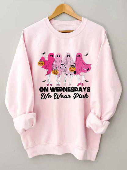 Women's Halloween Breast Cancer On Wednesday We Wear Pink Cute Ghost Print Sweatshirt