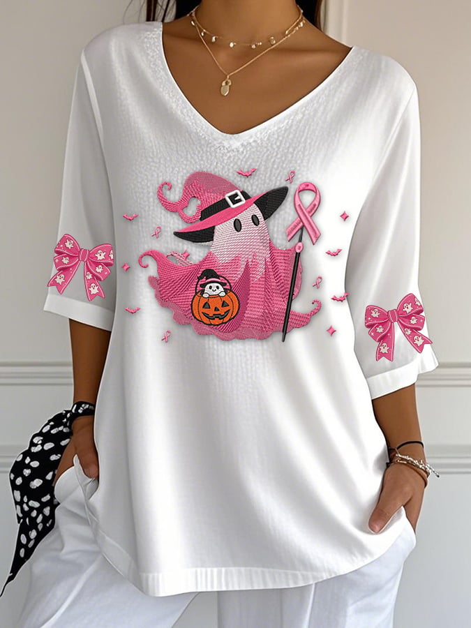 Women's Casual Pink Ghost Bubble Wrinkled Three-Quarter Sleeve Top