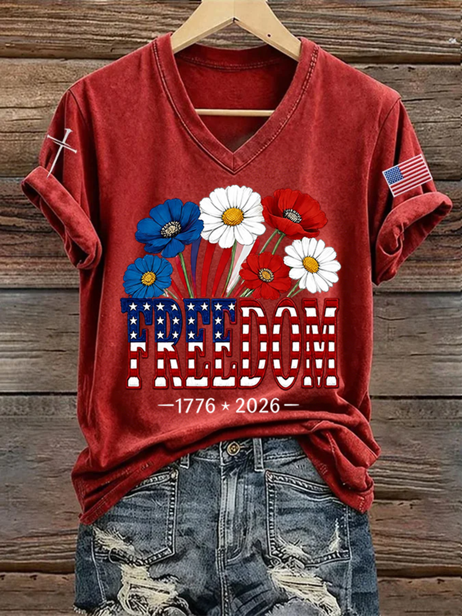 Women's Retro Freedom American Flag Cross Printed Short-Sleeve T-Shirt