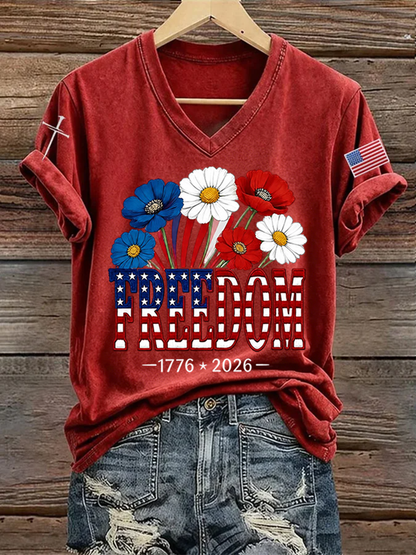 Women's Retro Freedom American Flag Cross Printed Short-Sleeve T-Shirt