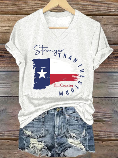 🙏💔Join us in praying for Texas.🙏V-Neck Retro Texas Strong Hill Country Stronger Than The Storm Print T-Shirt