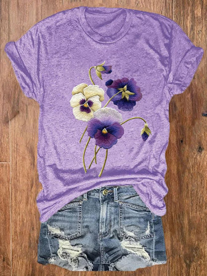 Women's Alzheimer's Awareness Purple Floral Print Crew Neck T-Shirt