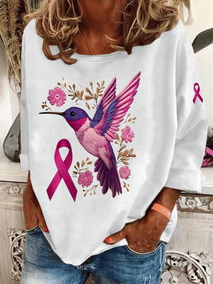 Womens Breast Cancer Awareness Hummingbird Heat Transfer Casual Sweatshirt